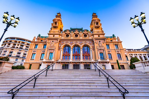 Monte Carlo, Monaco - July 2018: The Opera House in French Riviera, Cote de Azur, Europe.