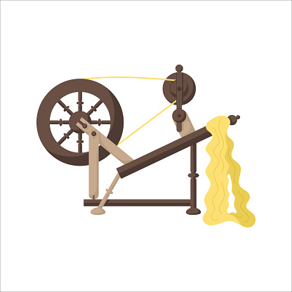 Cute spinning wheel. Isolated colorful tool in the white background. Flat style illustration.