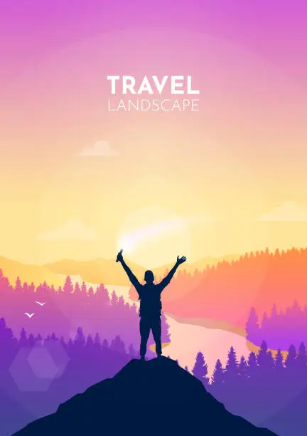 Vector illustration of Man on top. Holding firecracker in his hand. Travel concept of discovering, exploring, and observing nature. Hiking tourism. Adventure. Minimalist graphic flyer. Polygonal flat design. Vector