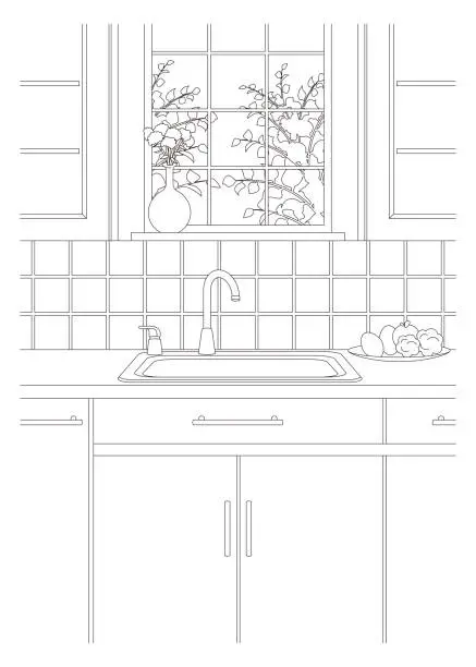 Vector illustration of Line drawing vector illustration of the kitchen.
