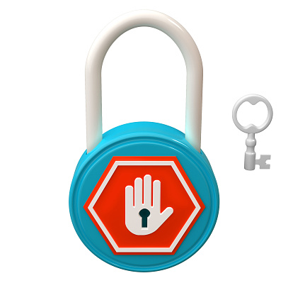 3d illustration, 3d render of a lock and a stop sign with a key