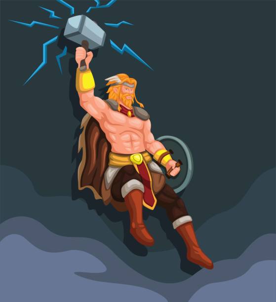 ilustrações, clipart, desenhos animados e ícones de thor deus trovão com martelo relâmpago voando vetor de ilustração de personagem - thunderstorm hammer scandinavian culture god