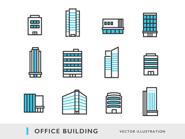 illustrazioni stock, clip art, cartoni animati e icone di tendenza di set di icone per edificio per uffici - business
