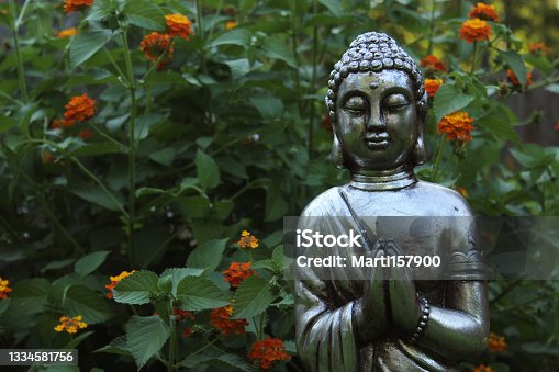 istock Buddha Statue in Garden with green background 1334581756