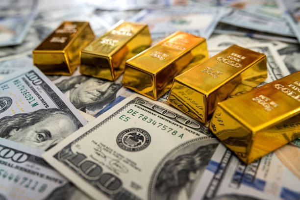 золотой слиток на 100-долларовых купюрах - заповедник диких животных стоковые фото и изображения