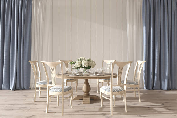 istock Coastal design wedding room interior with dining table. Mock up white wall in beautiful house background. Hampton style 3d render illustration. 1334585958