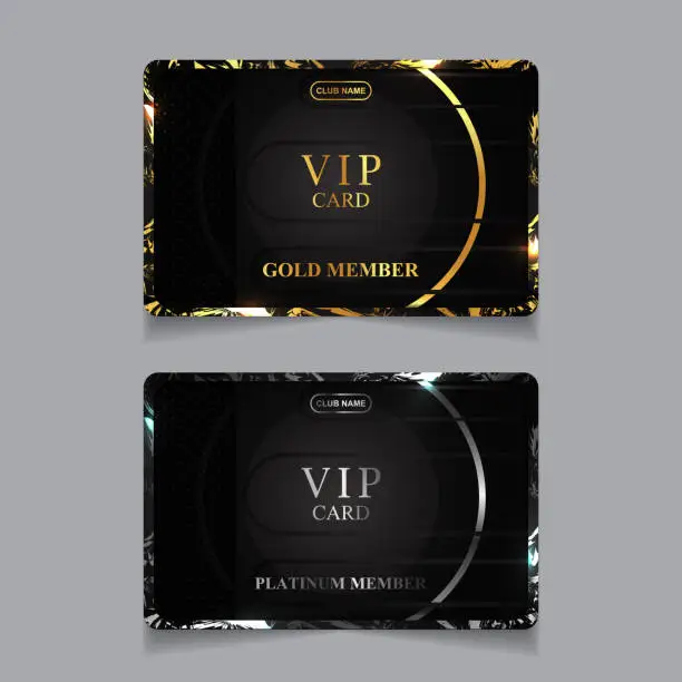 Vector illustration of Vector VIP golden and platinum card. Black geometric pattern background with premium design. Luxury and elegant graphic print template layout