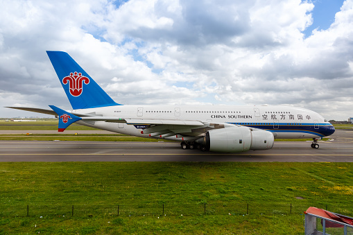 Amsterdam, Netherlands - May 21, 2021: China Southern Airlines Airbus A380-800 airplane at Amsterdam Schiphol airport (AMS) in the Netherlands.