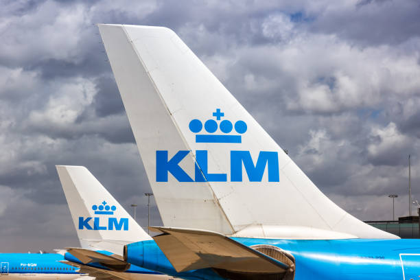 KLM Royal Dutch Airlines Airbus airplane tails Amsterdam Schiphol airport in the Netherlands Amsterdam, Netherlands - May 21, 2021: KLM Royal Dutch Airlines Airbus airplane tails at Amsterdam Schiphol airport (AMS) in the Netherlands. klm stock pictures, royalty-free photos & images