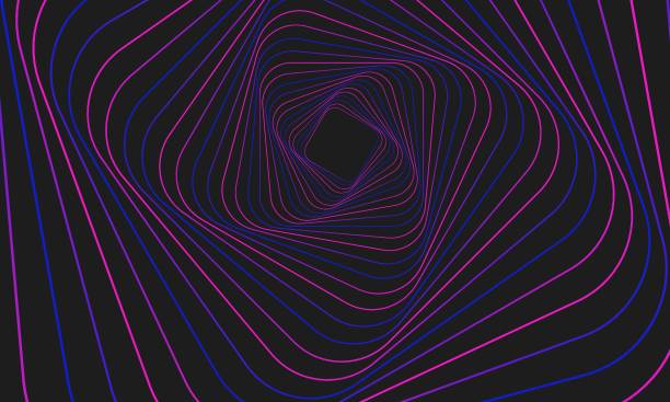 Abstract geometric Swirling purple lines square banner Abstract geometric banner. Swirling purple lines on a gray background. Whirl square, wave stripes, rotation movement, neon spiral image. Futuristic twist grid backdrop. Vector optical art illustration rhombus illustrations stock illustrations