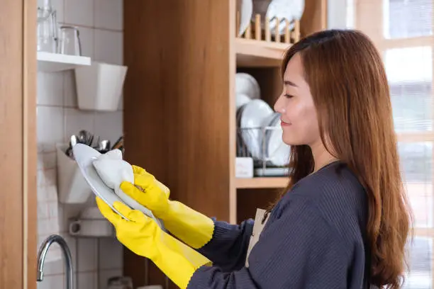 A housewife wearing apron and protective glove, cleaning and washing dishes in the kitchen at home