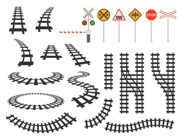 Train railway tracks curved silhouette, barrier and road signs. Railroad perspective and top map view. Tram winding roads element vector set Train railway tracks curved silhouette, barrier and road signs. Railroad perspective and top map view. Tram winding roads element vector set. Illustration of rail curve track, railroad line tramway stock illustrations