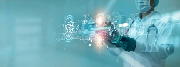 istock Medicine doctor research and analysis. Diagnose checking coronavirus or covid-19 testing result with virtual screen in laboratory, Innovative, Inhibition of disease outbreaks and Medical technology. 1334591683