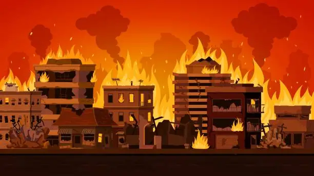 Vector illustration of Cartoon apocalyptic city landscape with destroyed building on fire. Cityscape with burn street houses and smoke. Fire in town vector concept