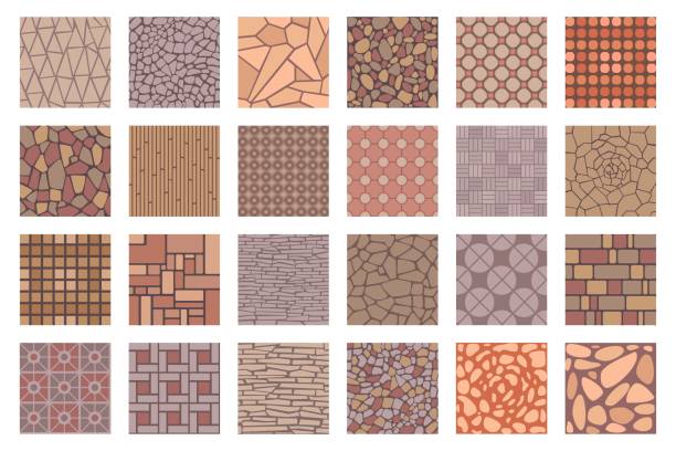 Street road pavements tile patterns top view. Floor tiles with rock, brick and cobble stone texture. Paved patio or park sidewalk vector set Street road pavements tile patterns top view. Floor tiles with rock, brick and cobble stone texture. Paved patio or park sidewalk vector set of road pattern street tile for pavement illustration sidewalk icon stock illustrations