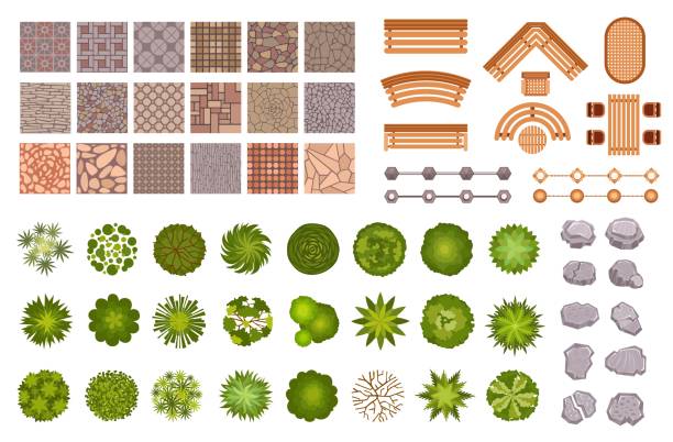 City park landscape design map elements top view. Garden trees and plant, benches, road path tile and rocks from above. Park plan vector set City park landscape design map elements top view. Garden trees and plant, benches, road path tile and rocks from above. Park plan vector set of element to landscape outdoor and map landscapes stock illustrations