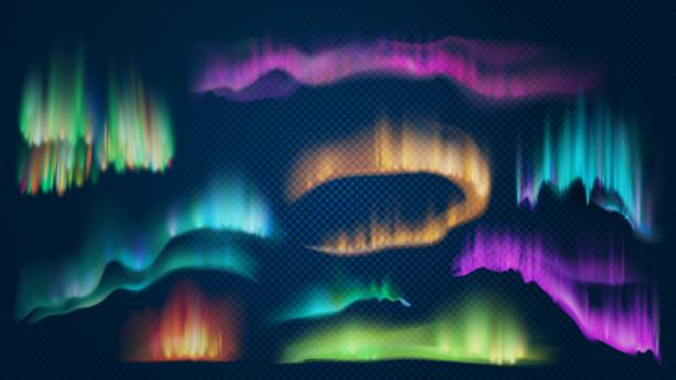 istock Realistic lights of arctic aurora borealis, northern natural phenomenon. Abstract glowing wavy effect. Polar night sky landscape 1334591733