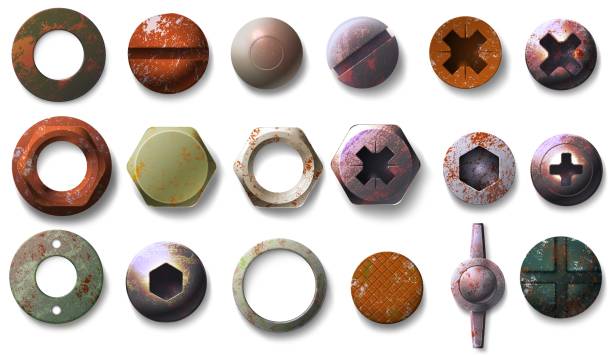 stockillustraties, clipart, cartoons en iconen met realistic old rusty screw and bolt heads top view. metal round and hexagon shaped nuts, nails and rivets with grunge rust texture vector set - roestig