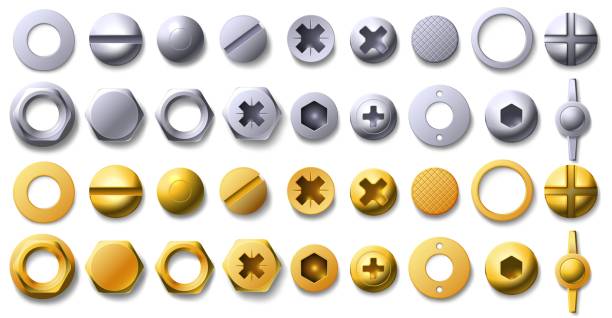 illustrations, cliparts, dessins animés et icônes de vis en or et en métal, rivet et têtes de boulon vue de dessus. clou en laiton et en acier 3d, boutons, écrous en forme d’hexagone et de cercle avec ensemble vectoriel de fil - work tool bolt nut symbol