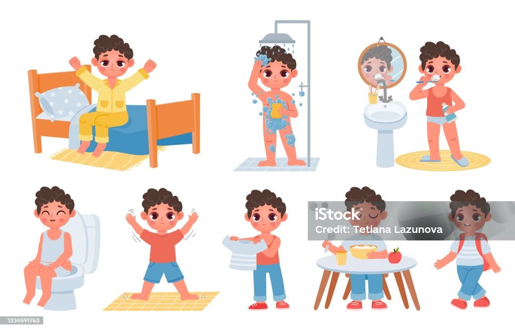 Child Morning Daily Routine With Cute Cartoon Boy Character Kid Wake Up Do  Hygiene Brush Teeth And Sit On Potty Day Schedule Vector Set Stock  Illustration - Download Image Now - iStock