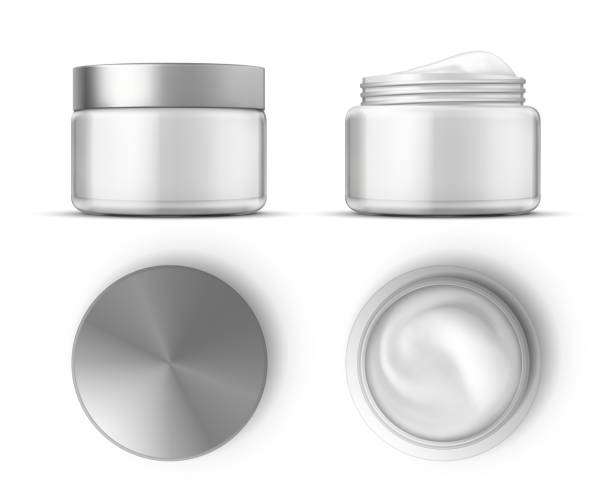 istock Cosmetic cream in white jar top and front views mockup. Realistic skin care product package. Round open container with cream gel vector set 1334591787