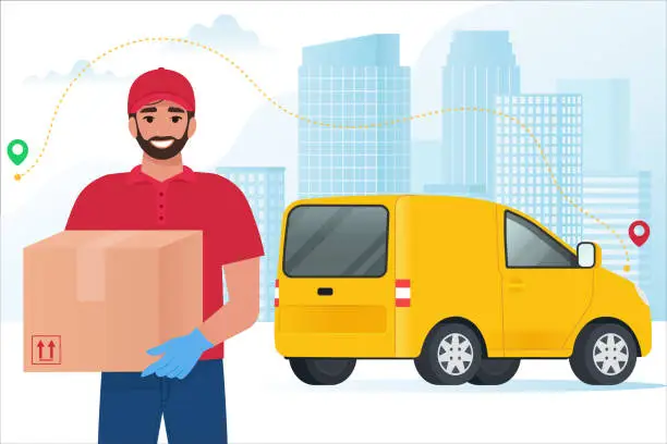 Vector illustration of Courier with van holds a parcel on city background. Delivery man with box. Vector illustration in flat style