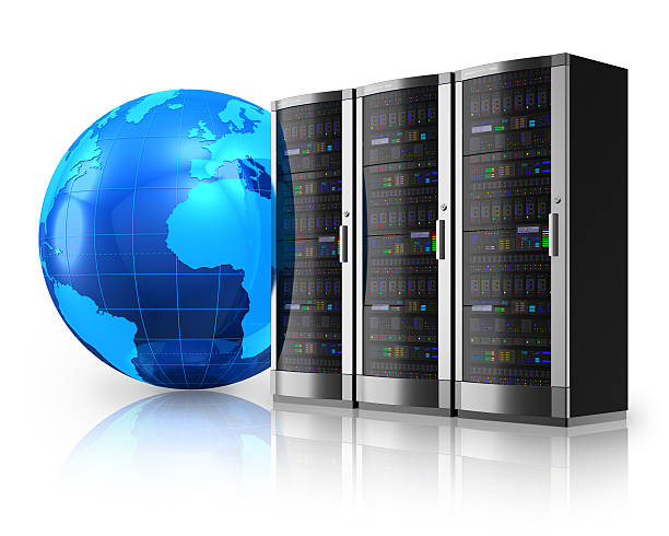 Network servers and Earth globe Internet and global communications concept: row of network servers and blue Earth globe isolated on white reflective background. See also: network server rack isolated three dimensional shape stock pictures, royalty-free photos & images