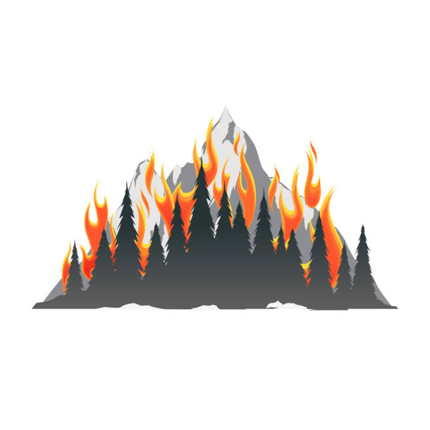 ilustraciones, imágenes clip art, dibujos animados e iconos de stock de quema de árboles del bosque en el fondo de las montañas - wildfire smoke
