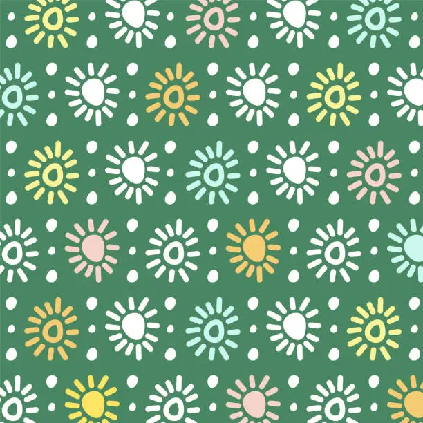 Vector illustration of A cheerful pattern made up of drawn dots and sun-shaped lines. Flat illustration.