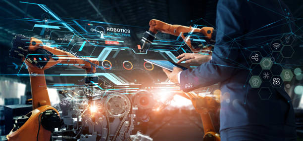 istock Manager Technical Industrial Engineer working and control robotics with monitoring system software and icon industry network connection on tablet. AI, Artificial Intelligence, Automation robot arm. 1334593990