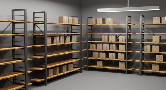 Warehouse with cardboard boxes on wooden shelves with metal base. Realistic illustration storage room interior with goods, cargo and parcels on racks. Storehouse in store, garage or market, 3d render