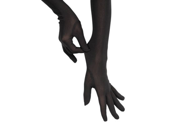 istock Woman puts on long black gloves isolated on a white background . 1334594429