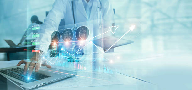 healthcare business graph data and growth, medical examination and doctor analyzing medical report on network connection on virtual screen. healthcare investment and financial. - growth global business global communications healthcare and medicine imagens e fotografias de stock