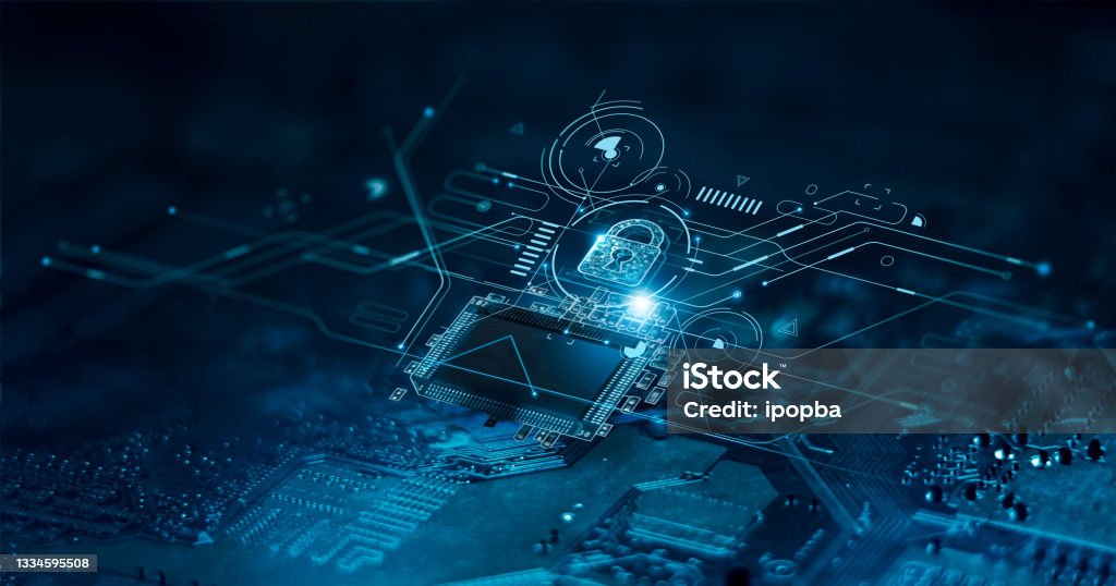 Digital padlock icon, cyber security network and data protection technology on virtual interface screen. Online internet authorized access against cyber attack.and business data privacy concept. Network Security Stock Photo
