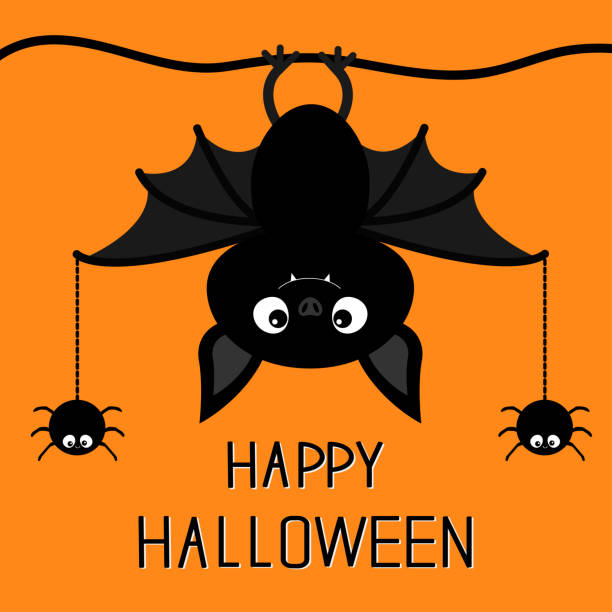 fröhliches halloween. süße hängende fledermaus, spinne auf dash line web. cartoon kawaii lustige baby tier charater. glückwunschkarte. flaches design. oranger hintergrund. isoliert. - sweet tooth in a row stock-grafiken, -clipart, -cartoons und -symbole