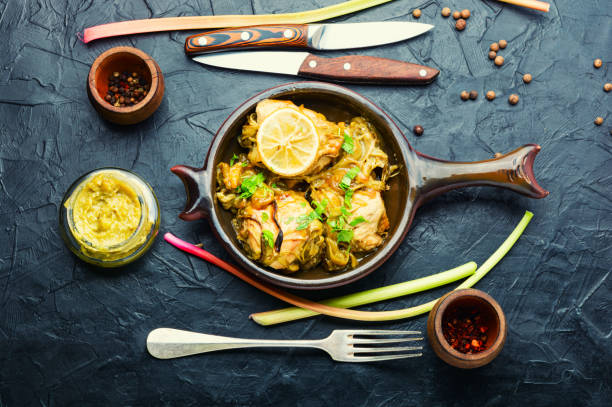 istock Tasty chicken meat baked with rhubarb 1334596821
