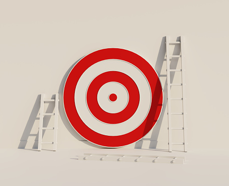 A dartboard and multiple ladders against a white wall. Concept of reaching target or goal. 3D rendering illustration.