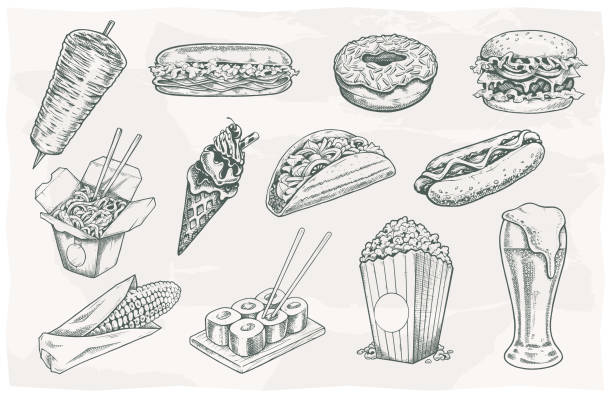 Street Food Vintage Icons Set Street food and drinks vintage icons on paper background. Vector illustrations set. street food stock illustrations