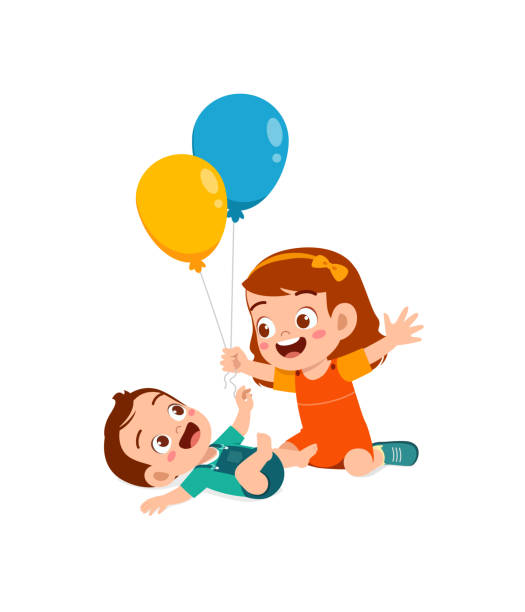bildbanksillustrationer, clip art samt tecknat material och ikoner med cute little girl play balloon with baby sibling - syskon
