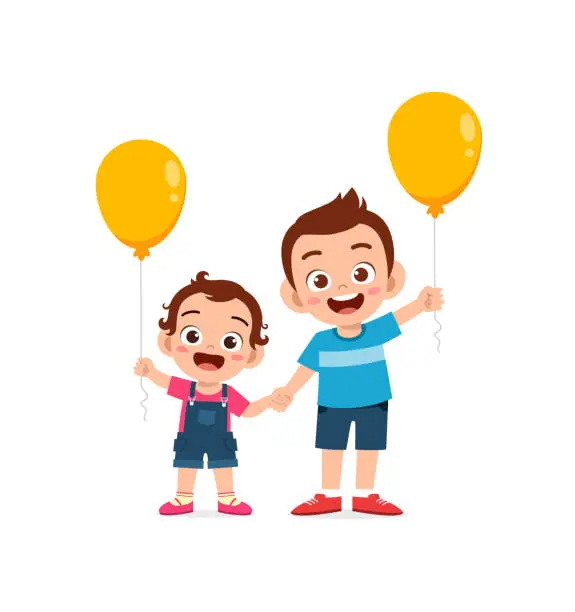 Vector illustration of cute little boy play balloon with baby sibling