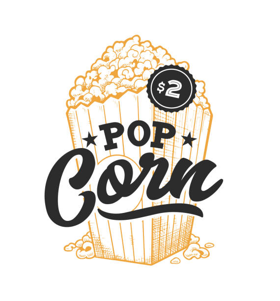 ilustrações, clipart, desenhos animados e ícones de emblema retrô de milho pop - popcorn