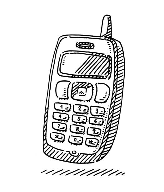 Old Style Mobile Phone With Antenna Drawing vector art illustration