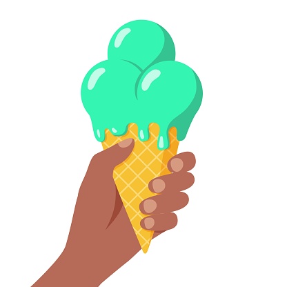 Black Hand Holds Ice Cream Waffle Cone. Melting ice cream in human hand. Isolated flat vector illustration