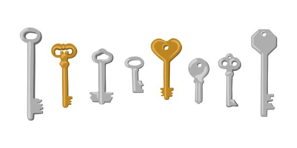 istock Set of Hand Drawn Vintage Keys. Gold and Silver Keys Isolated Vector Illustration 1334599316