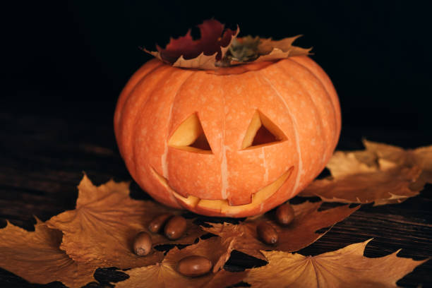 istock Halloween orange pumpkin with maple leaves and acorns on dark background 1334599417