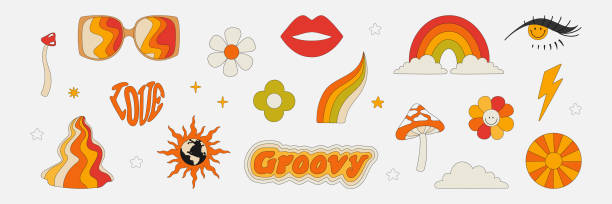 ilustrações de stock, clip art, desenhos animados e ícones de clipart of the 70s. hippie style. vector illustrations in simple linear style. rainbows, flowers, abstractions, mushrooms, psychedelic style. - image created 1960s illustrations