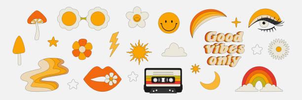 Clipart of the 70s. Hippie style. Vector illustrations in simple linear style. Rainbows, flowers, abstractions, mushrooms, psychedelic style. Clipart of the 70s. Hippie style. Vector illustrations in simple linear style. Rainbows, flowers, abstractions, mushrooms, psychedelic style. cool logo stock illustrations