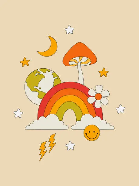 Vector illustration of Retro poster with a rainbow, mushrooms, stars, moon, planet in the hippie style. Colorful wall decor in the style of the 70s. Vector illustration