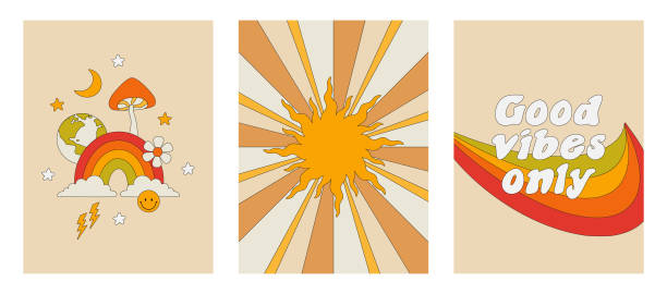 набор плакатов в стиле хиппи. плакат с надписями, радугой, солнцем, грибами, звездами. векторная иллюстрация ретро-плакатов 70-х годов - vibraphone stock illustrations