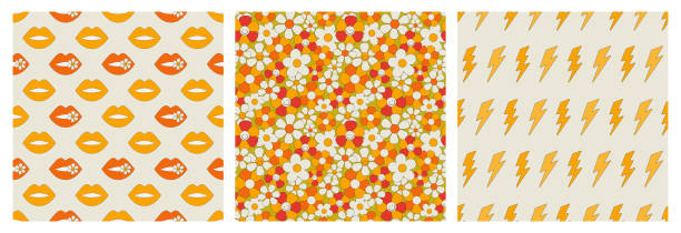 히피 스타일의 매끄러운 패턴 세트. 꽃, 입술, 번개 볼트 패턴. 70 년대의 복고풍 패턴의 벡터 그림 - flower backgrounds tile floral pattern stock illustrations